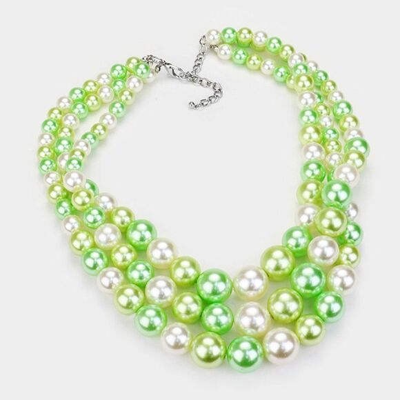 Green Pearl (faux) Two Tone Triple Strand Necklace & Earring Set - Picture 2 of 7